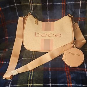 Bebe Beige Crossbody Bag with Pink Accents